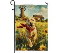Bandiera da giardino con cane labrador felice, giallo artista ritratto cane ritratto casa decorazione giardino striscione doppio lato tessuto bandiera cortile estate decorazione esterna 30,5 x 45,7 cm
