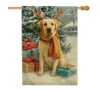 Bandiera da giardino con cane labrador per le vacanze natalizie, animale giallo con corna di renna, decorazione per esterni, striscione in iuta su entrambi i lati per la decorazione invernale del