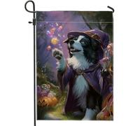 Bandiera da giardino con cane mago di Halloween, striscione decorativo viola con animali magici, in iuta su entrambi i lati, decorazione per prato all'aperto per feste di festa, 30,5 x 45,7 cm