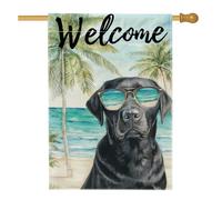 Bandiera da giardino con cane nero di benvenuto, palma tropicale oceanica, striscione decorativo per la casa, in iuta su entrambi i lati, per primavera ed estate, decorazione per prato all'aperto, 71