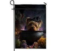 Bandiera da giardino con cane nero di Halloween, simpatico Yorkie con cappello da strega, striscione decorativo per la casa, bandiera da giardino in iuta su entrambi i lati, decorazione per esterni