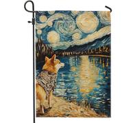 Bandiera da giardino con cane notte stellata, decorazione per la casa blu Corgi per prato, bandiera da giardino in iuta su entrambi i lati, decorazione per esterni, regalo per amanti degli animali