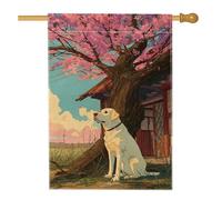 Bandiera da giardino con cani bianchi primaverili ed estivi, grazioso labrador sotto l'albero di ciliegie in fiore, striscione decorativo da cortile, in iuta su entrambi i lati, decorazione per