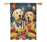 Bandiera da giardino con cani estivi patriottici, fuochi d'artificio per barbecue, mais, hotdog, decorazione a doppio lato, in iuta, per feste all'aperto, prato, cortile, 71 x 101 cm