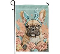 Bandiera da giardino con cani francesi pasquali, fascia per capelli con coniglietto blu, decorazione floreale per le vacanze primaverili, decorazione su entrambi i lati in iuta per esterni, 30,5 x