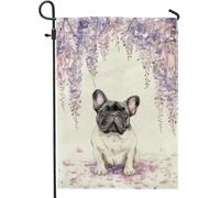 Bandiera da giardino con cani francesi primavera estate, bandiera viola glicine floreale decorazione per la casa, bandiera da giardino in iuta su entrambi i lati, decorazione per prato esterno 30,5 x