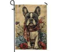 Bandiera da giardino con cani francesi, striscione per cani in stile vintage con accenti floreali, decorazione stagionale per prato all'aperto per casa, amanti degli animali, decorazione da cortile
