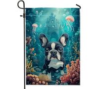 Bandiera da giardino con cani francesi subacquei, bianco e nero con scena oceanica, striscione decorativo per la casa, bandiera in iuta su entrambi i lati, decorazione per esterni, 30,5 x 45,7 cm