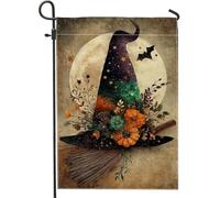 Bandiera da giardino con cappello da strega di Halloween, decorazione floreale multicolore con luna e scopa, striscione in iuta su entrambi i lati per decorazione esterna del prato 30,5 x 45,7 cm