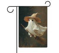 Bandiera da giardino con cappello da strega, fantasma che vola sulla scopa, in iuta su entrambi i lati, 30,5 x 45,7 cm