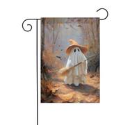 Bandiera da giardino con cappello da strega, fantasma, scopa nel bosco, 30 x 45 cm, verticale, double face, decorazione per casa colonica