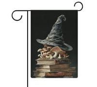 Bandiera da giardino con cappello da strega su diversi libri, con funghi, per vacanze stagionali, in iuta, double face, per casa, cortile, esterni, 30,5 x 45,7 cm