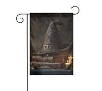 Bandiera da giardino con cappello da strega sulla parte superiore dei libri, 30 x 45 cm, verticale, double face, decorazione per casa colonica, vacanze, esterni, bandiera da cortile
