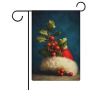 Bandiera da giardino con cappello di Babbo Natale, bacche di agrifoglio rosso, foglie verdi, bandierine da giardino, festività stagionali, juta, doppia faccia, 30,5 x 45,7 cm