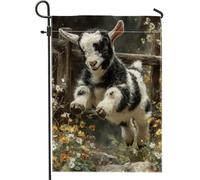 Bandiera da giardino con capra bianca e nera, primaverile ed estiva, divertente che salta con fiori, decorazione per esterni, striscione per prato in iuta su entrambi i lati, decorazione per le