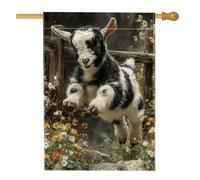 Bandiera da giardino con capra bianca e nera, primaverile ed estiva, divertente che salta con fiori, decorazione per esterni, striscione per prato in iuta su entrambi i lati, decorazione per le