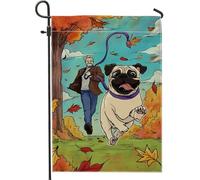 Bandiera da giardino con carlino con foglie autunnali, striscione colorato per passeggiate con cani, decorazione su entrambi i lati per esterni, decorazione per il prato, divertente decorazione per la