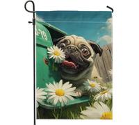 Bandiera da giardino con carlino felice, decorazione floreale colorata per esterni, striscione primaverile stagionale a tema animale, decorazione per prato su entrambi i lati per la casa, 30,5 x 45,7