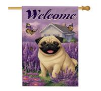 Bandiera da giardino con carlino lavanda, decorazione per esterni con simpatico cane e farfalla, striscione su entrambi i lati per la primavera e l'estate, decorazione per la casa 71 x 101 cm