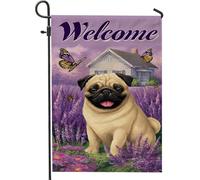 Bandiera da giardino con carlino lavanda, decorazione per esterni con simpatico cane e farfalla, striscione su entrambi i lati per la primavera e l'estate, decorazione per la casa 30,5 x 45,7 cm