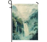Bandiera da giardino con cascata di montagna, verde acqua, decorazione per esterni, striscione in iuta su entrambi i lati per decorazione tutto l'anno, ideale per casa e giardino, 30,5 x 45,7 cm