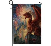 Bandiera da giardino con castello del drago patriottico, creatura mitica rossa che sputa fuoco, decorazione per esterni, striscione su entrambi i lati, decorazione per il 4 luglio, 30,5 x 45,7 cm