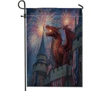 Bandiera da giardino con castello del drago patriottico, creatura mitica rossa con fuochi d'artificio e decorazione per la casa, doppio lato, decorazione per prato all'aperto per feste di vacanza, 71