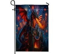 Bandiera da giardino con castello del drago patriottico, fuochi d'artificio rosso fuoco, striscione decorativo per la casa, double face, decorazione per esterni, feste, prato, 30,5 x 45,7 cm
