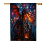 Bandiera da giardino con castello del drago patriottico, fuochi d'artificio rosso fuoco, striscione decorativo per la casa, double face, decorazione per esterni, feste, prato, 71 x 101 cm
