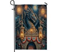 Bandiera da giardino con castello del drago patriottico, motivo fuochi d'artificio fantasia blu, striscione per esterni su entrambi i lati, decorazione per feste e cortili, 71 x 101 cm
