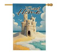 Bandiera da giardino con castello di sabbia, bandiera blu costiera per la decorazione della casa, double face, decorazione estiva per prato all'aperto, onde del mare, stile artistico 71 x 101 cm