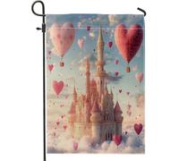 Bandiera da giardino con castello, fantasia romantica con cuori e mongolfiere, San Valentino, pesca, doppia faccia, piccola bandiera da giardino per esterni, patio, prato, portico anteriore, balcone