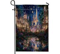 Bandiera da giardino con castello fantasy, paesaggio notturno cielo stellato, striscione decorativo per la casa, su entrambi i lati, decorazione per feste all'aperto per vacanze, prato, 71 x 101 cm