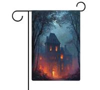 Bandiera da giardino con castello gotico nel bosco, in iuta su entrambi i lati, 30,5 x 45,7 cm