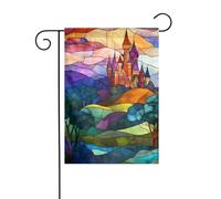 Bandiera da giardino con castello medievale in vetro colorato, 30 x 45 cm, verticale, double face, decorazione per casa colonica