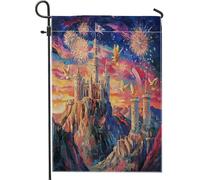 Bandiera da giardino con castello patriottico, con aquila e fuochi d'artificio al tramonto, decorazione artistica su entrambi i lati, bandiera artistica da cortile per feste, decorazione per prato per