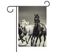 Bandiera da giardino con cavalli bianchi e neri, cartello di benvenuto su entrambi i lati, piccole bandiere personalizzate per piscina, cortile, decorazione da parete per la casa, 32 x 47 cm