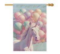 Bandiera da giardino con cavalli magici primaverili ed estivi, cavallo magico bianco con palloncini colorati, striscione decorativo per esterni, bandiera da giardino in iuta su entrambi i lati