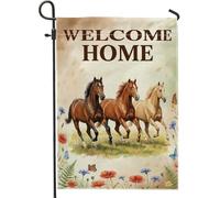 Bandiera da giardino con cavalli, rustica, con farfalle, papaveri, casa, marrone, double face, in iuta, per esterni, prato, portico, patio, ingresso, 30,5 x 45,7 cm