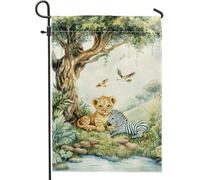 Bandiera da giardino con cavallo a righe con leone, decorazione colorata per prato con animali safari su entrambi i lati, striscione primaverile estivo per esterni, adorabile decorazione per cortile a