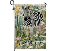 Bandiera da giardino con cavallo a righe di benvenuto, decorazione bianca e nera con animali per primavera estate all'aperto decorazione per la casa, striscione floreale su entrambi i lati per feste