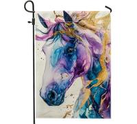 Bandiera da giardino con cavallo ad acquerello, viola blu equino, decorazione per la casa e il giardino, bandiera su entrambi i lati in iuta per cortile, decorazione stagionale per prato 30,5 x 45,7