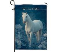Bandiera da giardino con cavallo bianco di benvenuto, decorazione floreale blu per primavera estate, striscione per esterni in iuta su entrambi i lati, decorazione per la casa e il prato per feste