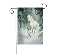 Bandiera da giardino con cavallo bianco in una foresta innevata, 30 x 45 cm, verticale, double face, decorazione per case in campagna