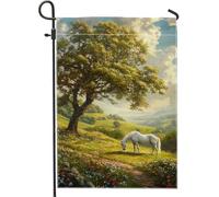 Bandiera da giardino con cavallo bianco primaverile ed estate, bellissimo paesaggio pastorale per la casa, bandiera da cortile in tessuto su entrambi i lati per decorazione esterna del prato 30,5 x