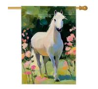 Bandiera da giardino con cavallo bianco primaverile, striscione decorativo floreale colorato per la casa, bandiera da giardino in iuta su entrambi i lati, decorazione per esterni, 71 x 101 cm