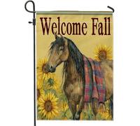 Bandiera da giardino con cavallo di benvenuto autunnale, bandiera rustica marrone con animali, doppia faccia girasole giallo decorazione per prato esterno 30,5 x 45,7 cm
