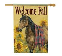 Bandiera da giardino con cavallo di benvenuto, bandiera rustica marrone con animali, decorazione a doppia faccia con girasole giallo per esterni, 71 x 101 cm