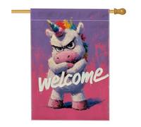 Bandiera da giardino con cavallo magico di benvenuto, striscione decorativo colorato per la casa in stile cartone animato, bandiera su entrambi i lati per prato in iuta per decorazione all'aperto per