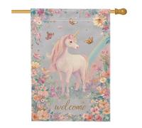 Bandiera da giardino con cavallo magico primaverile ed estate, bandiera di benvenuto con farfalle floreali di pesca, bandiera di benvenuto in iuta su entrambi i lati, decorazione da giardino per